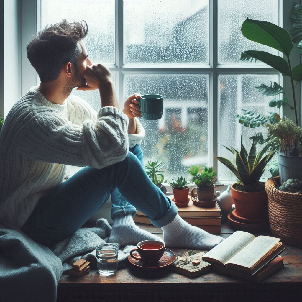 Man looking out ow window thinking
