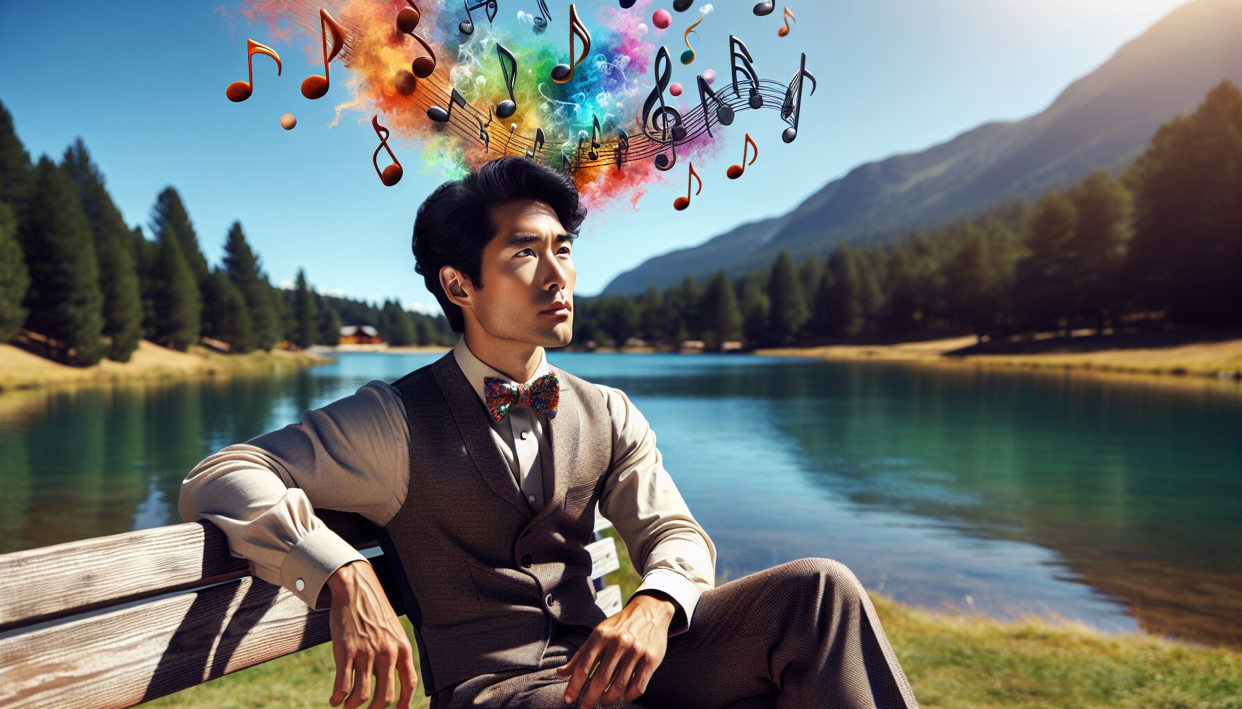 Man sitting on bench listening to music in his head 